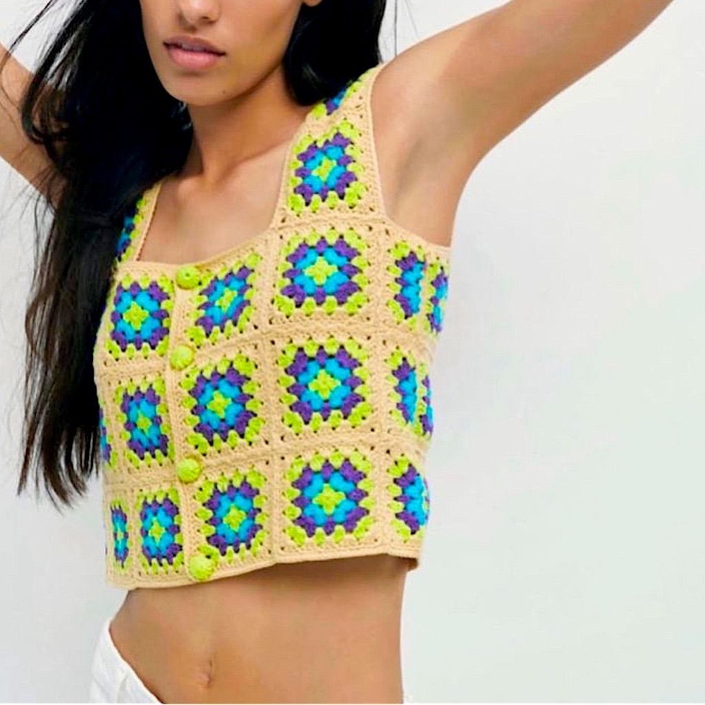 Zara Crocheted Square Crop Top in Beige, Blue & Green
